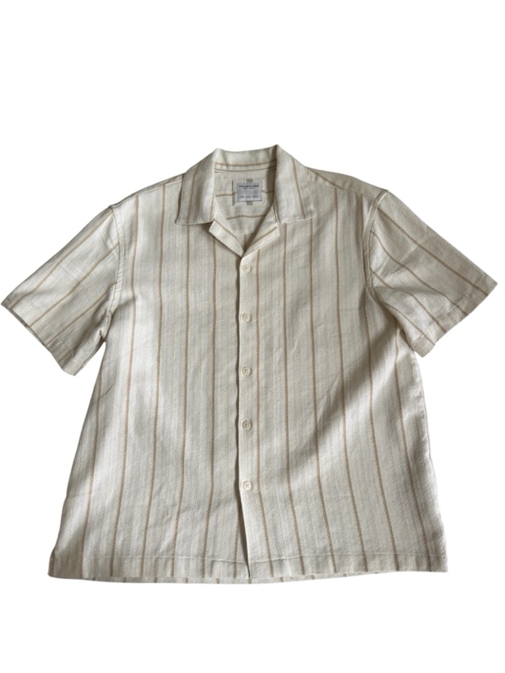 Denim & Flower Men's Short Sleeve Cream Striped Button-Down Shirt